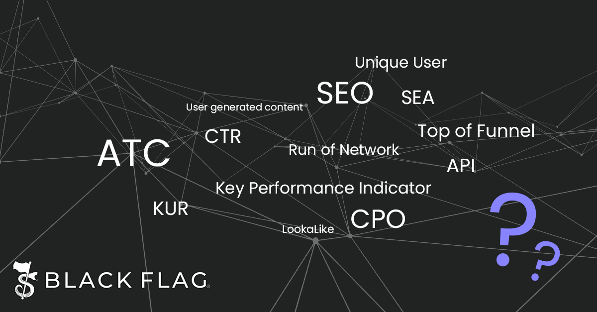 websiteglossar_quer_grafiklinien Spinnennetz mit Marketing Abkürzungen und Begriffen, daneben zwei lila Fragezeichen und das Black Flag Logo
