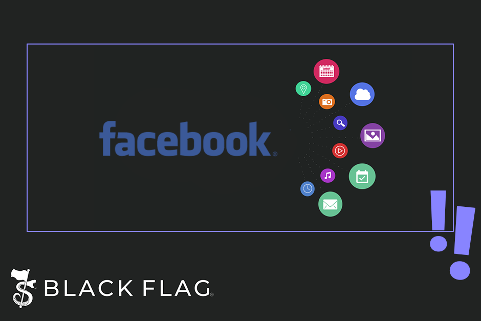 Facebook Logo und daneben kleine Hubbles mit Icons wie Standort, Kamera, Kalender, Foto, Cloud etc. Darunter das Black Flag Logo