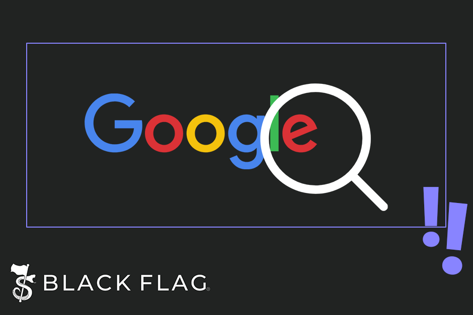 Google Logo und Lupe darüber. Unten das Black Flag Logo