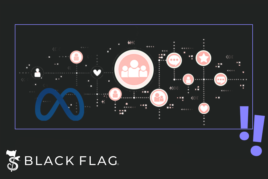 Meta Logo und Social Network Grafik, darunter das Black Flag Logo und zwei Ausrufezeichen