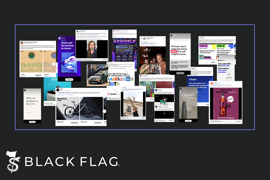 verschiedene Ad Beispiele in einem lila Rahmen, darunter das Black Flag Logo